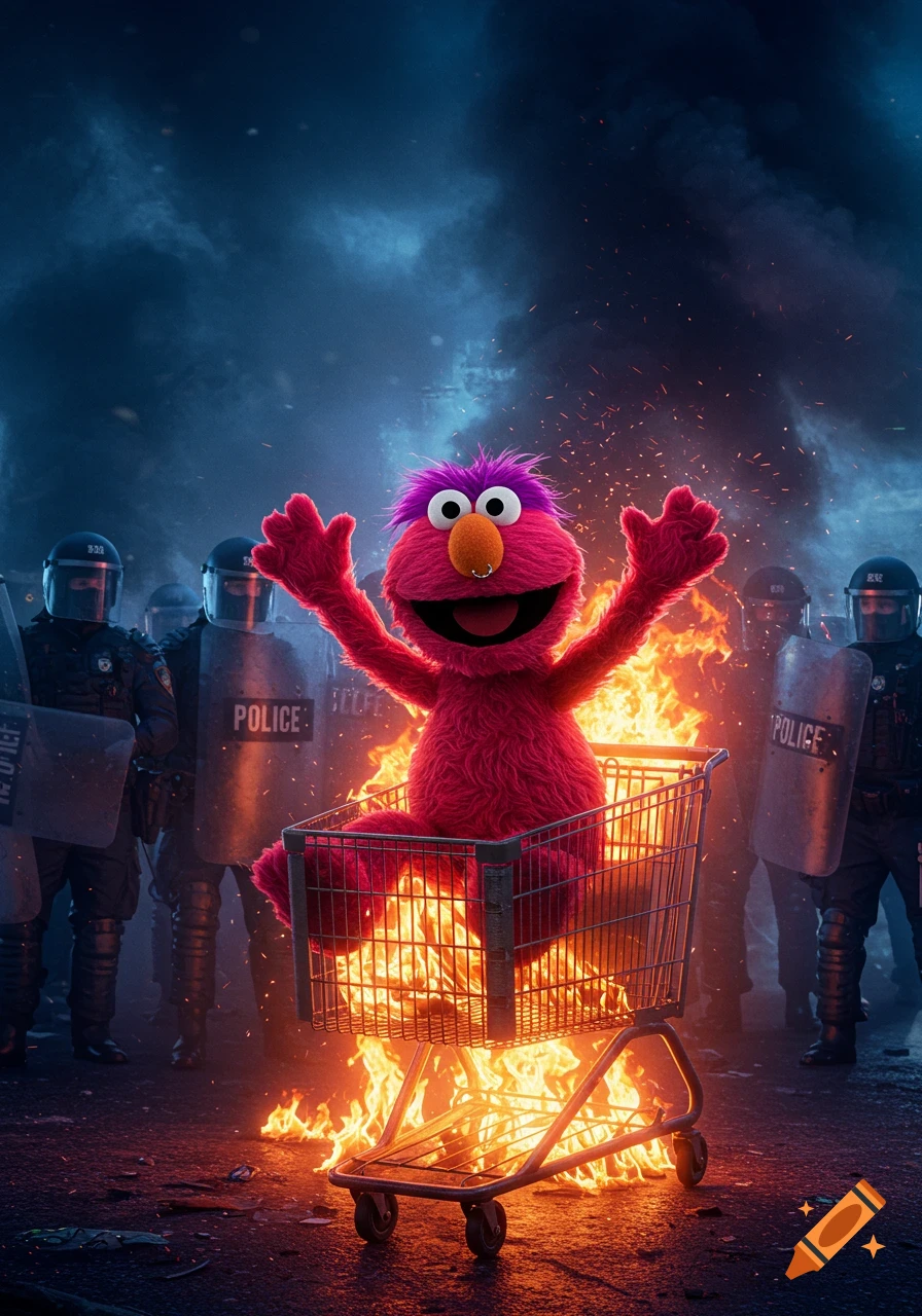 A red, furry monster with purple hair and a nose ring sits happily in a flaming shopping cart. Riot police stand in the smoky background.
