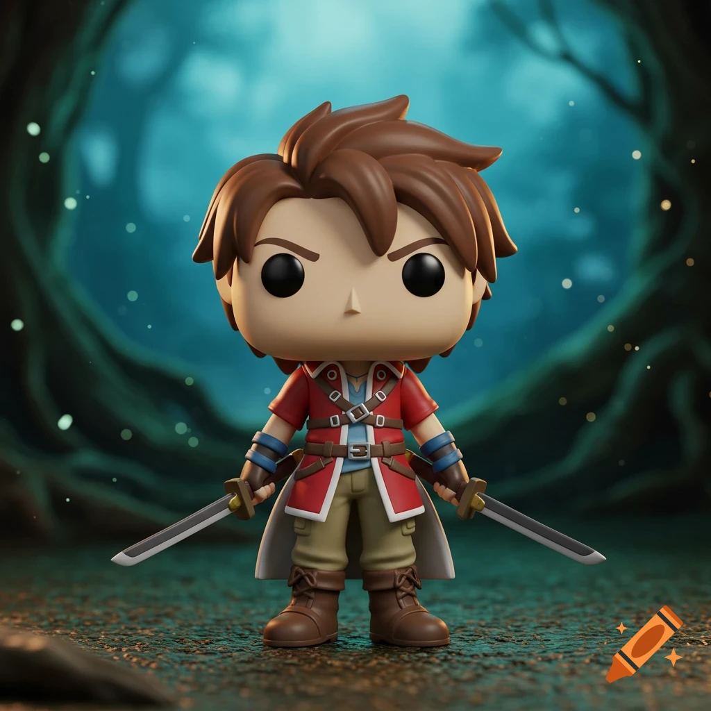 A stylized Funko Pop figure of a brown-haired male character in a red and tan outfit, holding two swords, in a mystical forest.