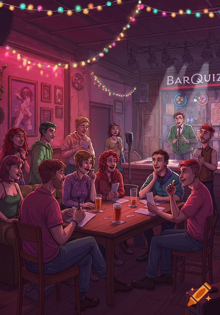 An illustrated scene of a diverse group of young adults playing bar quiz in a lively, dimly lit pub with colorful string lights.
