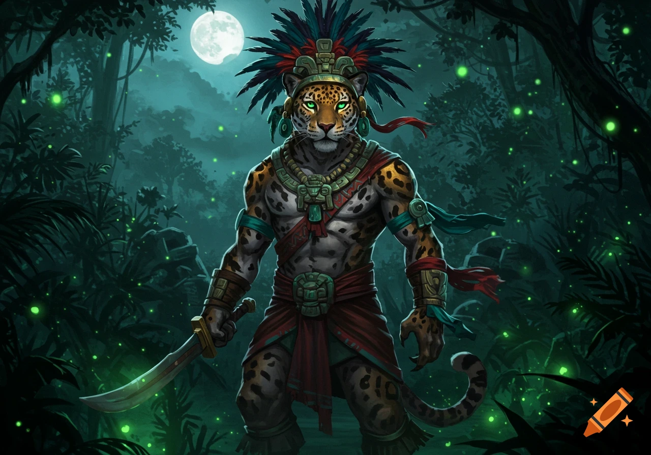 A muscular humanoid jaguar warrior in Mayan attire with a feathered headdress holds a sword in a glowing jungle at night.