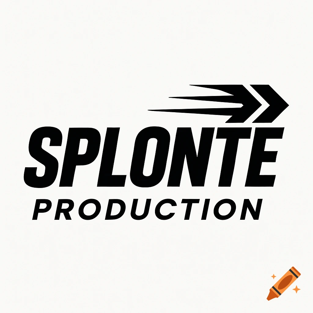 Minimal black and white logo with "SPLONTE PRODUCTION" text and a stylized arrow icon, on a white background.