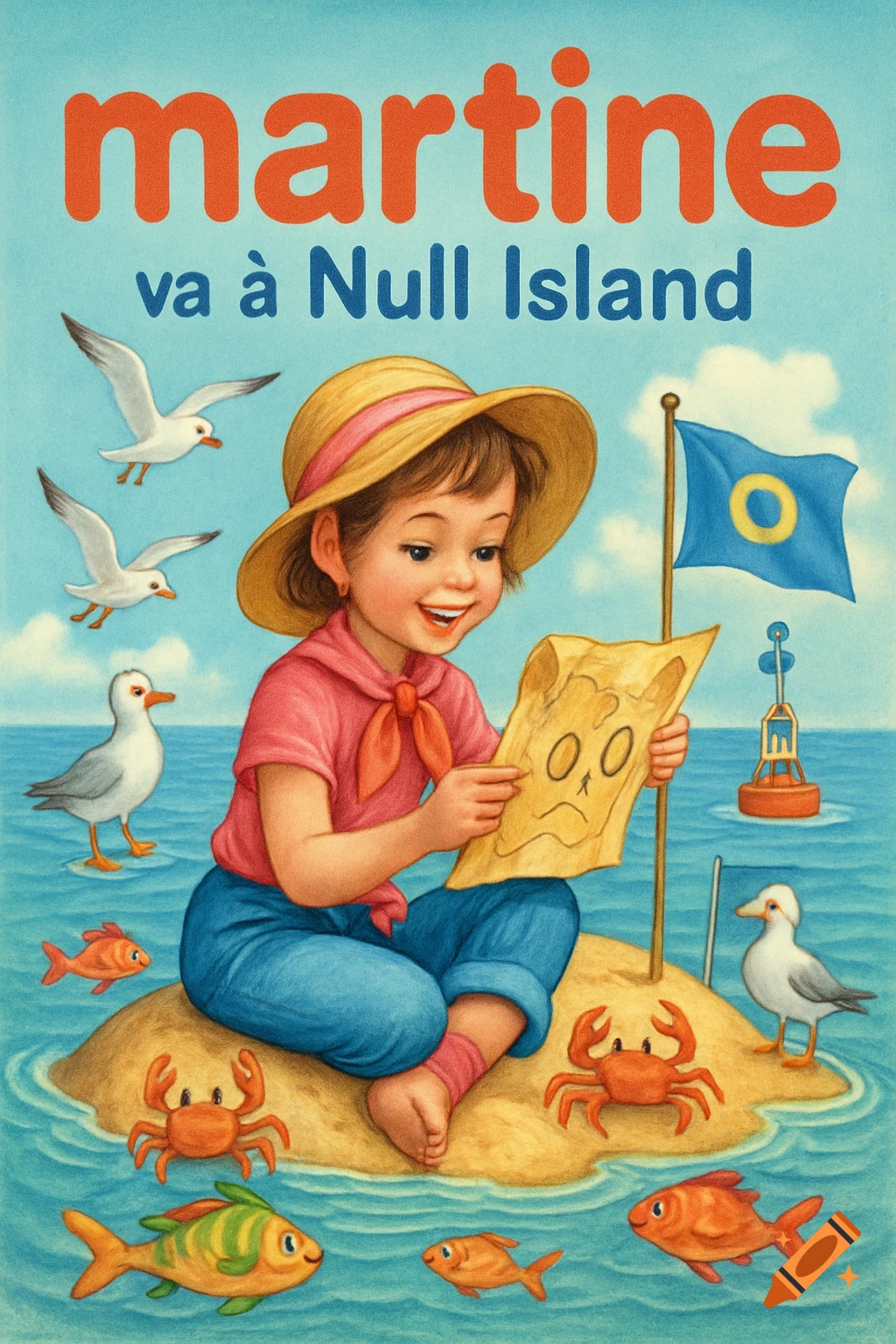 Joyful Martine on a small island with a treasure map, surrounded by sea creatures. Colorful retro children's illustration.