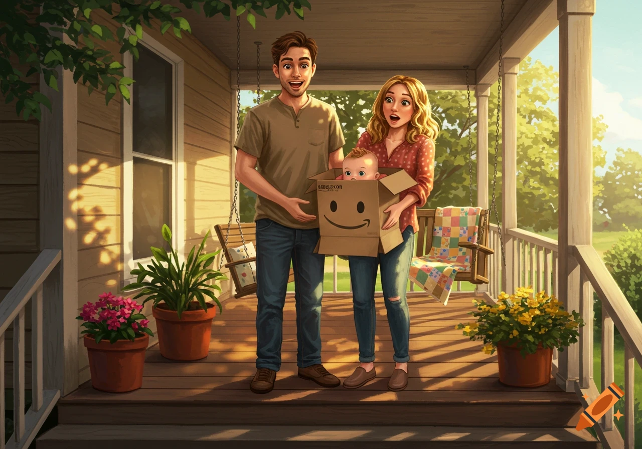 A happy cartoon couple on a front porch holds an Amazon delivery box with a baby peeking out.