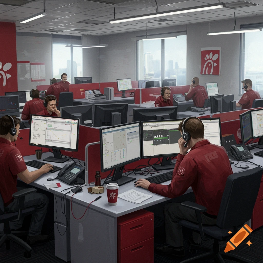 An IT support office with multiple technicians in red shirts and headsets, working at computers in cubicles with a Chick-fil-A theme.