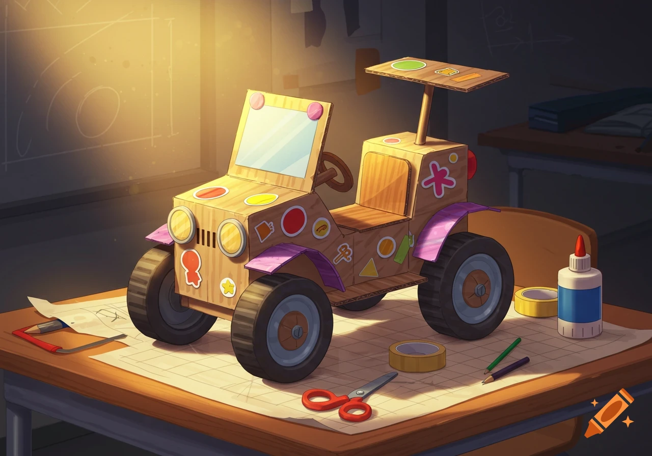 A colorful cardboard toy car with stickers sits on a classroom table with scissors, glue, and pencils, illuminated by warm light in a cartoon style.