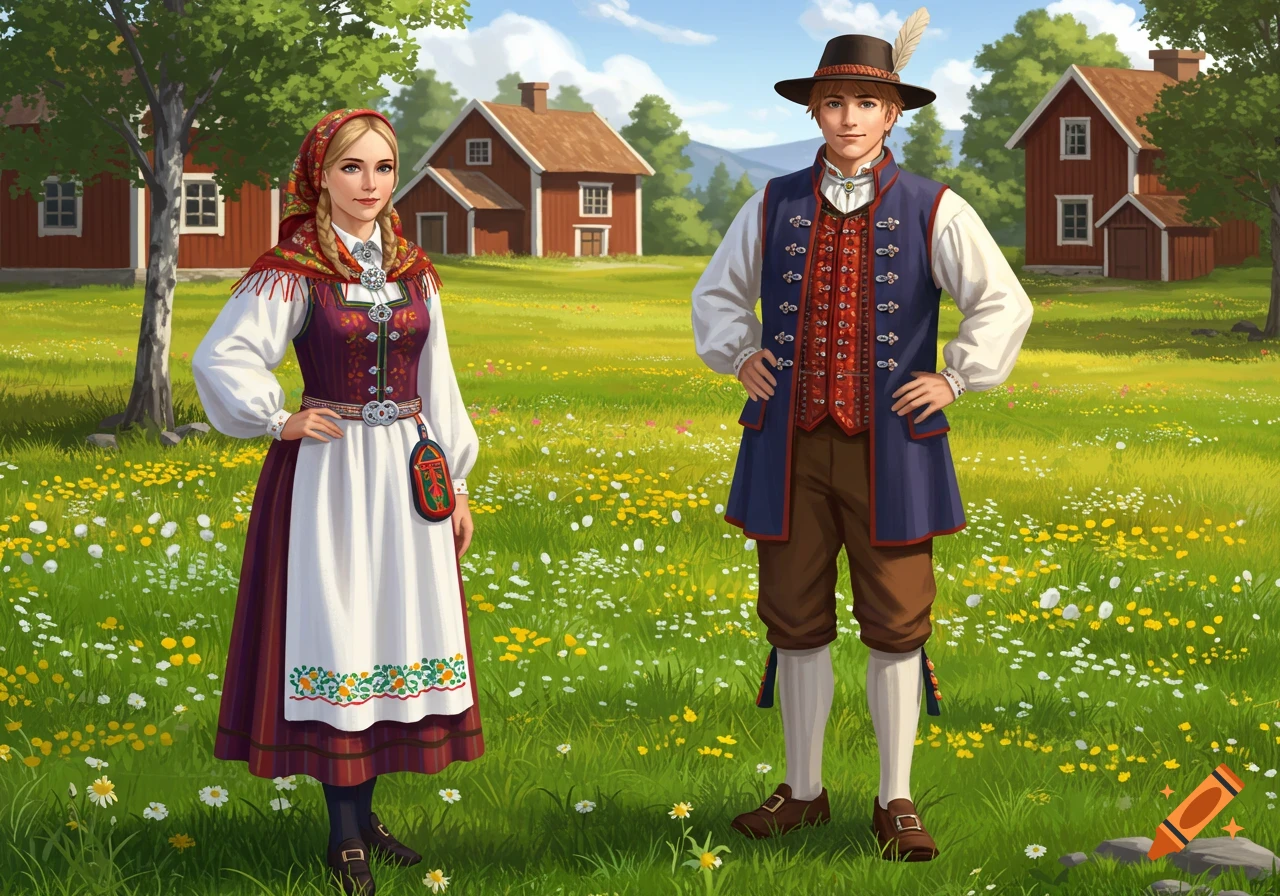 A man and woman in traditional Swedish folk costumes stand in a field of wildflowers with red houses in the background.