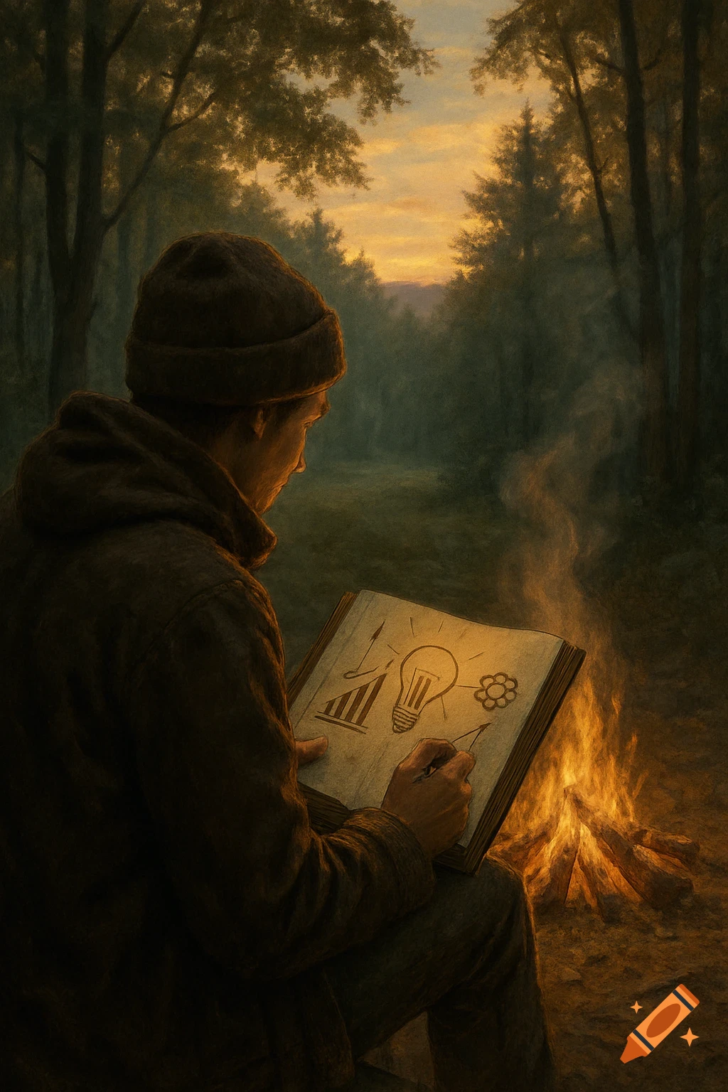 A person in a beanie draws symbols in a notebook by a campfire in a forest at sunset, realistic style.