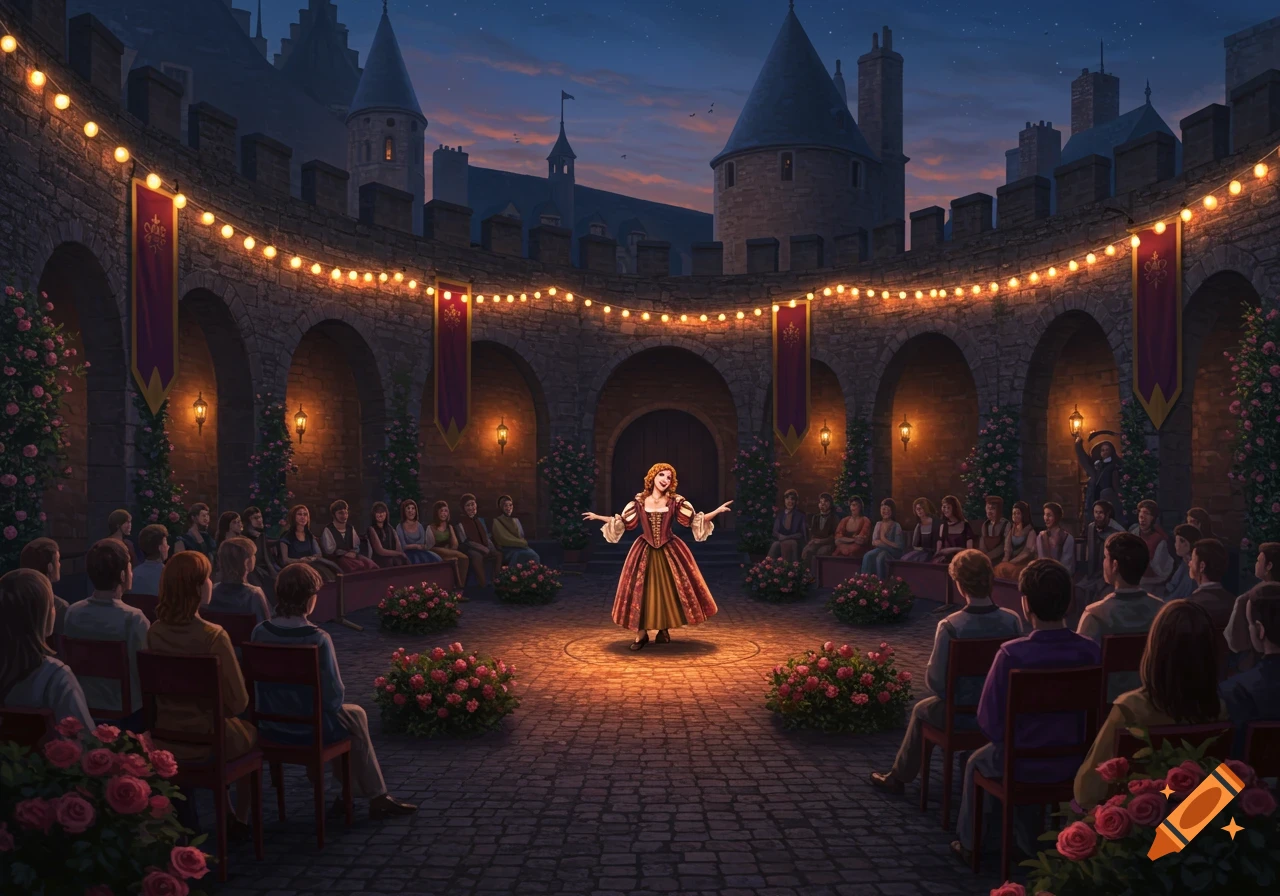 A woman in a historical gown performs on a brightly lit stage in a castle courtyard at night, surrounded by an audience and string lights.