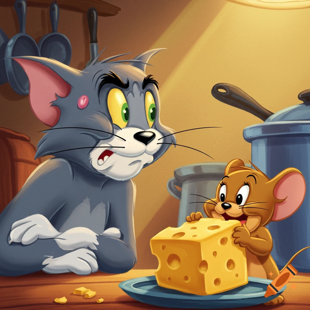 Tom the cat looks shocked at Jerry the mouse happily eating a big block of cheese in a bright kitchen.