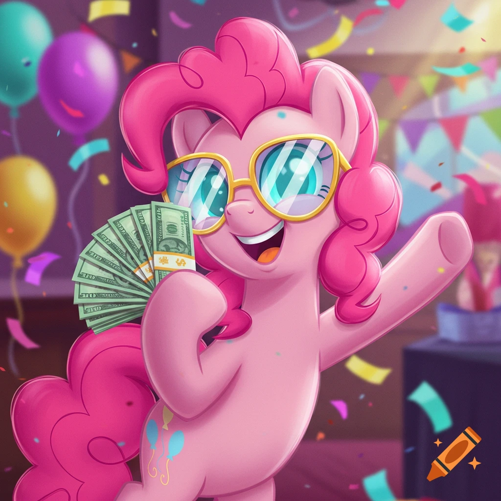 Pinkie Pie from My Little Pony, wearing cool sunglasses, holds a fan of money at a vibrant party with balloons and confetti.