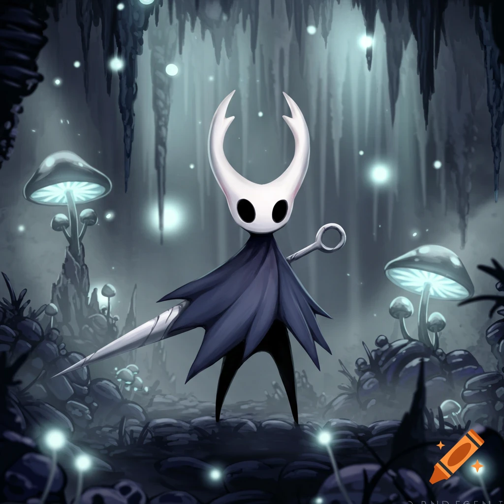 Stylized depiction of The Knight from Hollow Knight standing in a dimly lit cave with glowing mushrooms.