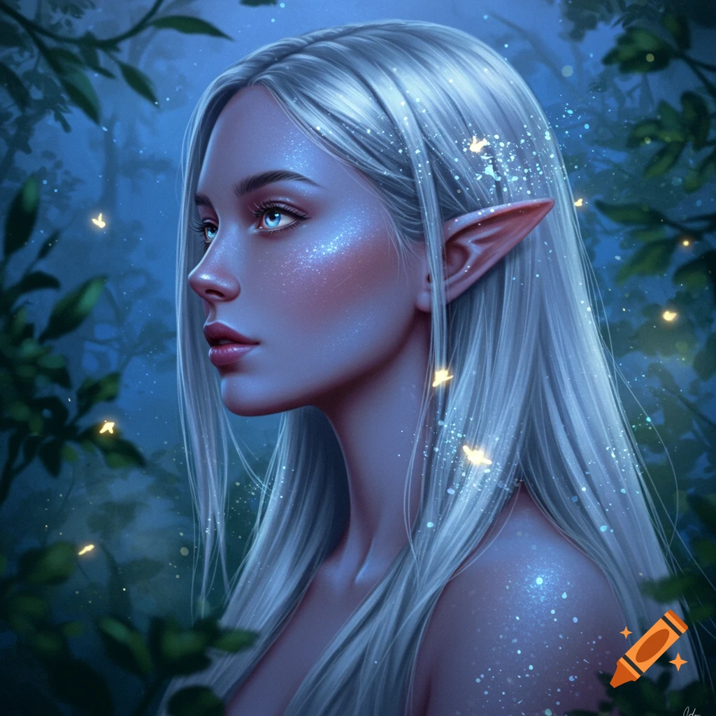 Digital painting of an elven woman with silver hair and glowing blue eyes, ethereal glitter on skin, in a mystical forest.