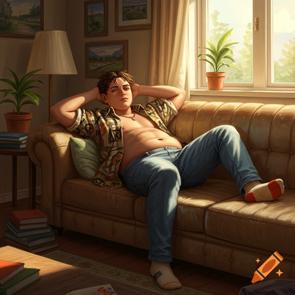 A young man with an open shirt and jeans relaxes on a brown couch in a sunlit room, with plants and framed art.