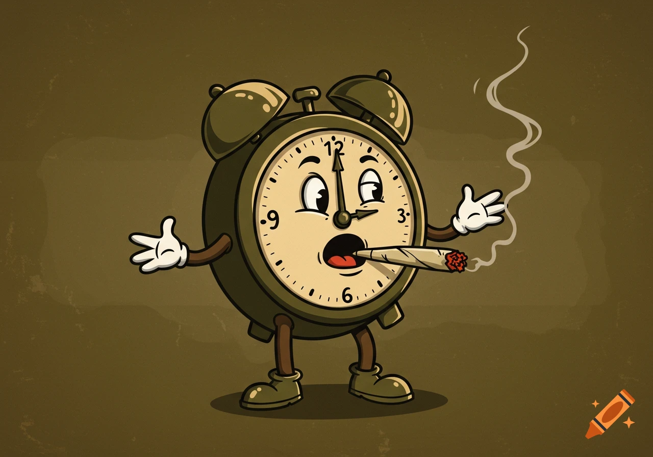 A vintage cartoon alarm clock character with arms and legs smokes a joint, with hands pointing to 12.