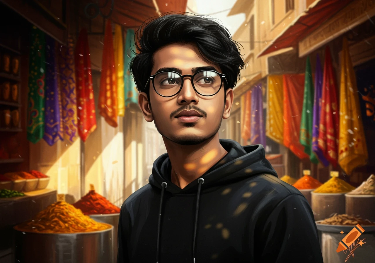 Young Indian man with glasses and black hoodie in a vibrant market with spices and colorful textiles, digital art.