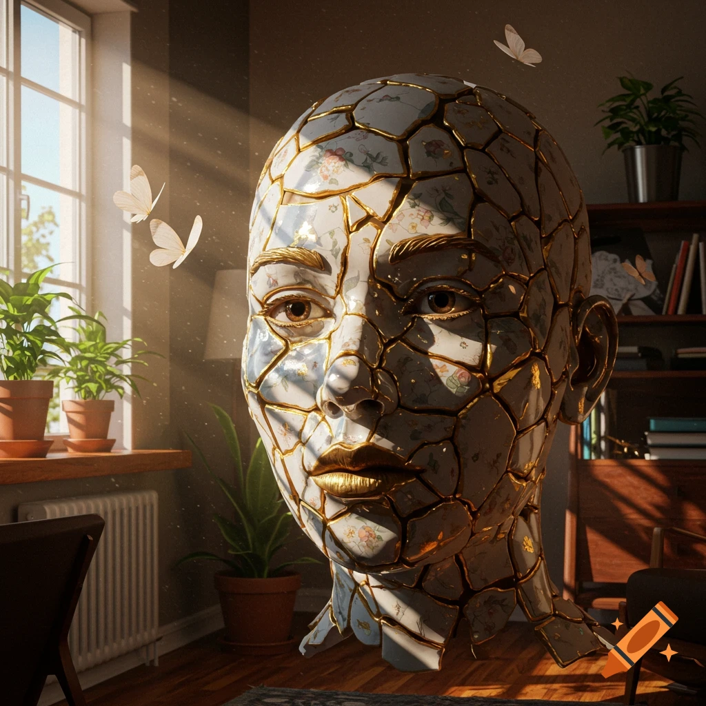 A photorealistic sculpture of a cracked porcelain head, mended with gold, in a sunlit room with plants and butterflies.