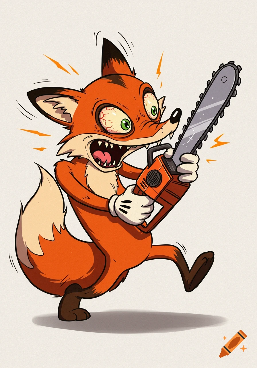 A frenzied rubberhose cartoon fox with bloodshot eyes holds a chainsaw.