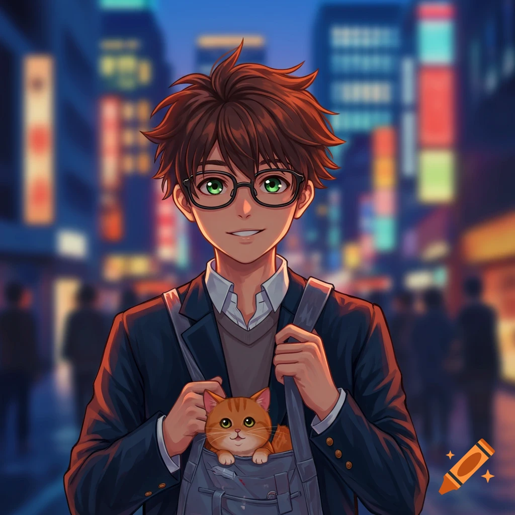 Smiling anime boy with glasses and a ginger cat in his school bag, blurred city night background.