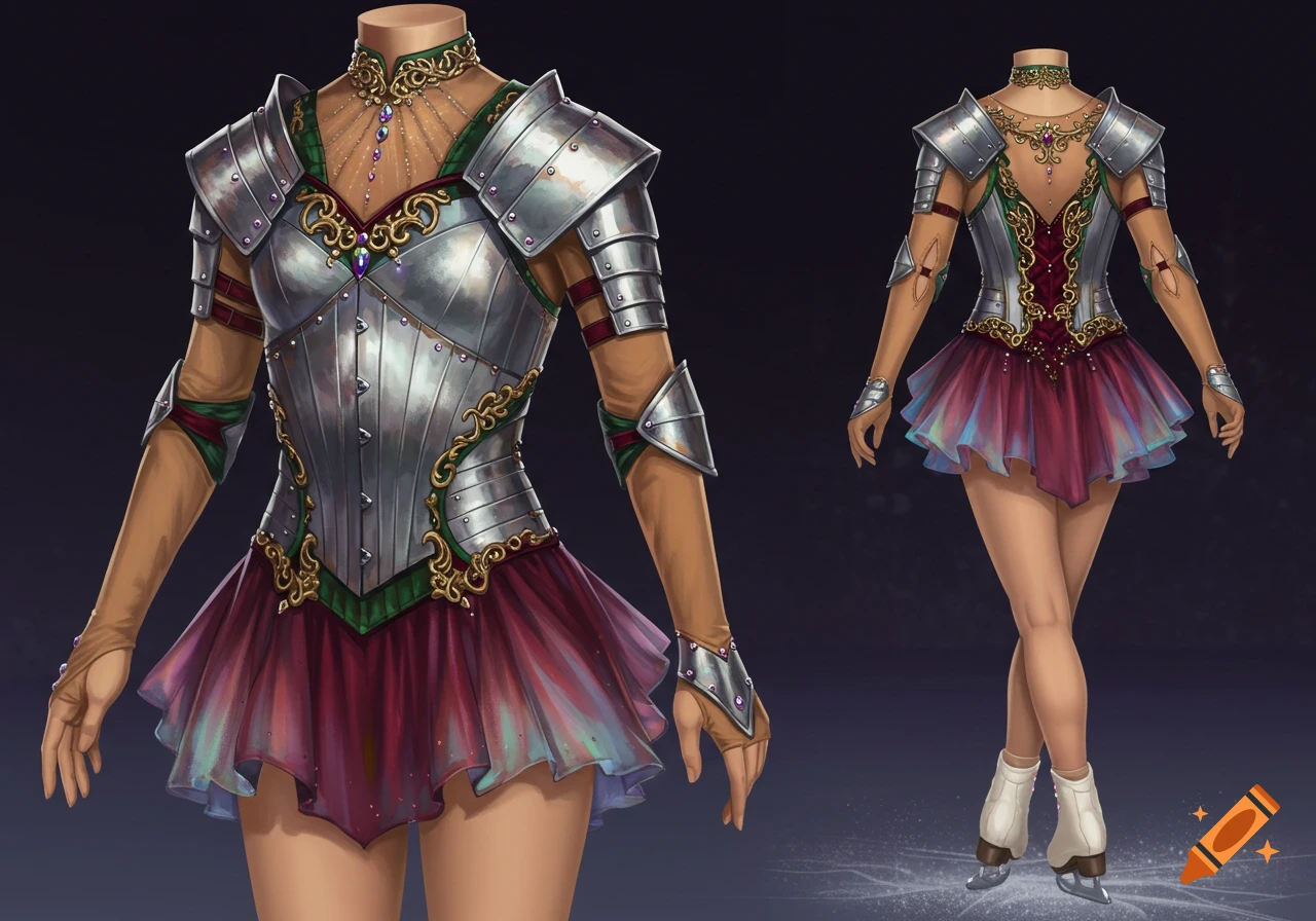 Photorealistic figure skating dress designed as medieval plate armor with silver, burgundy, emerald green, gold filigree, and crystals.