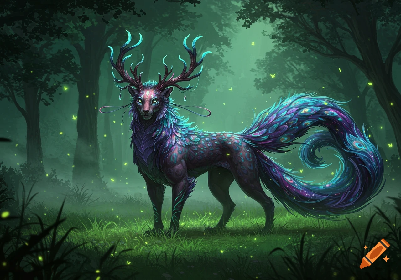 A vibrant, mythical creature with glowing eyes, antlers, and a peacock-like tail stands in a dark, misty, glowing forest. Digital art.