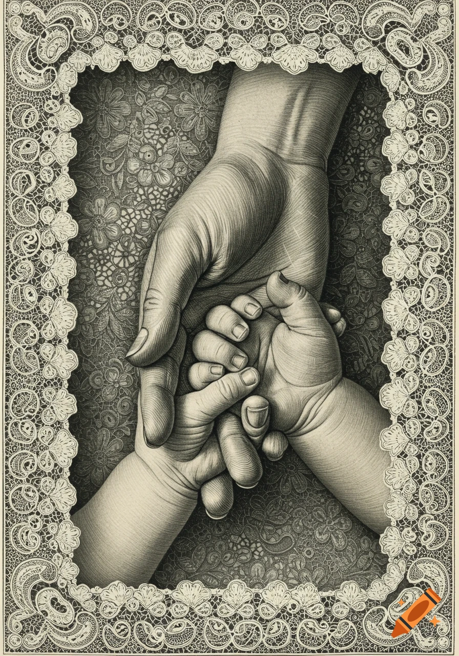 Etching print of an adult hand holding an infant's and toddler's hands, framed by intricate lace patterns.