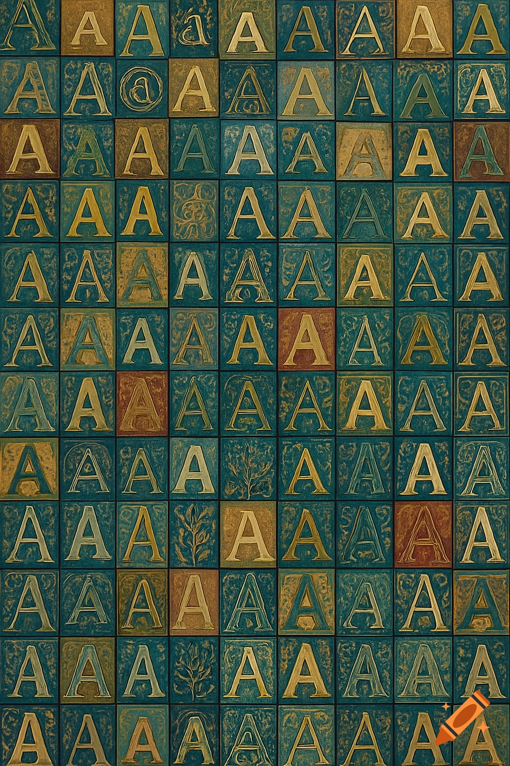 A grid of squares, each containing a stylized gold or teal letter 'A' on a contrasting teal or gold background, with some squares featuring decorative patterns.