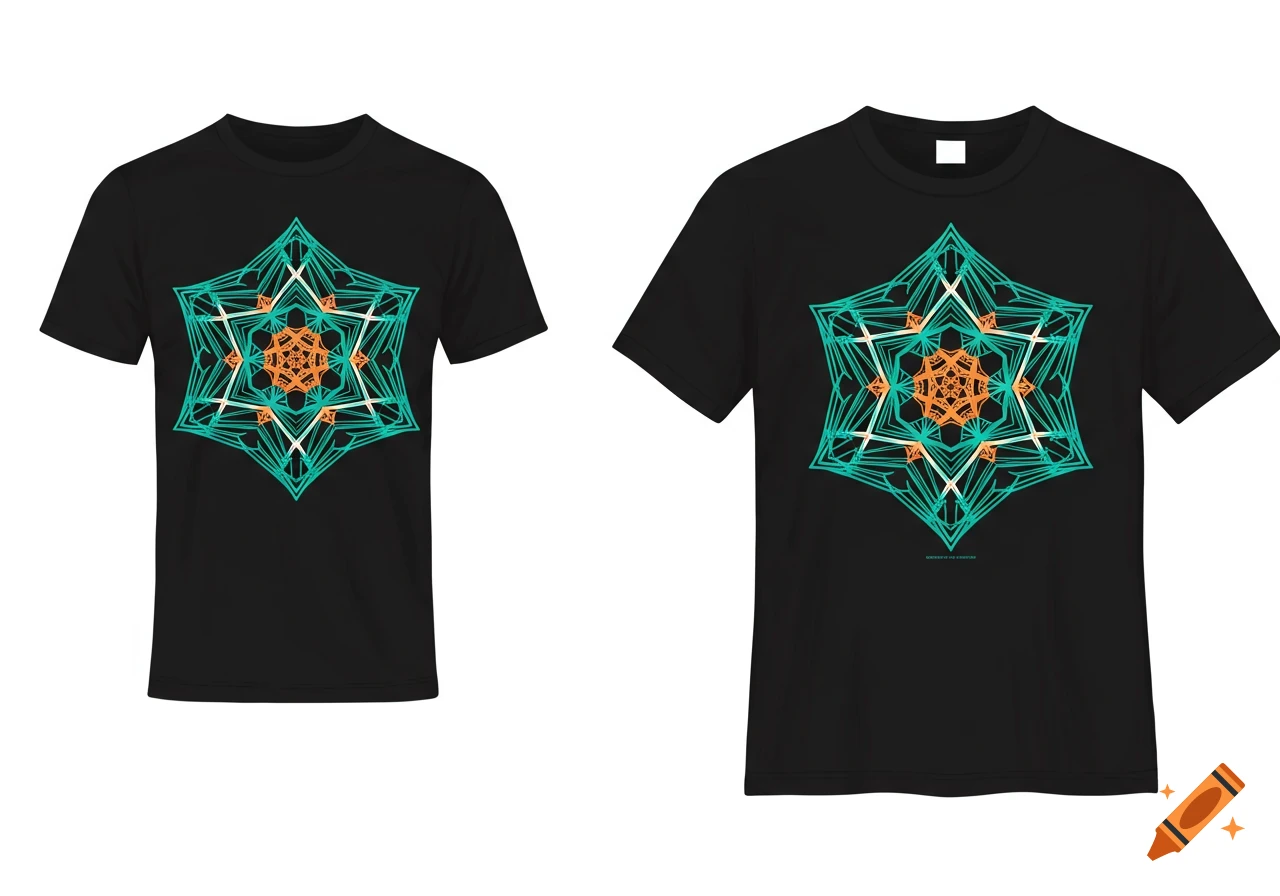 Two black t-shirts featuring a vibrant teal and orange geometric mandala-like design.