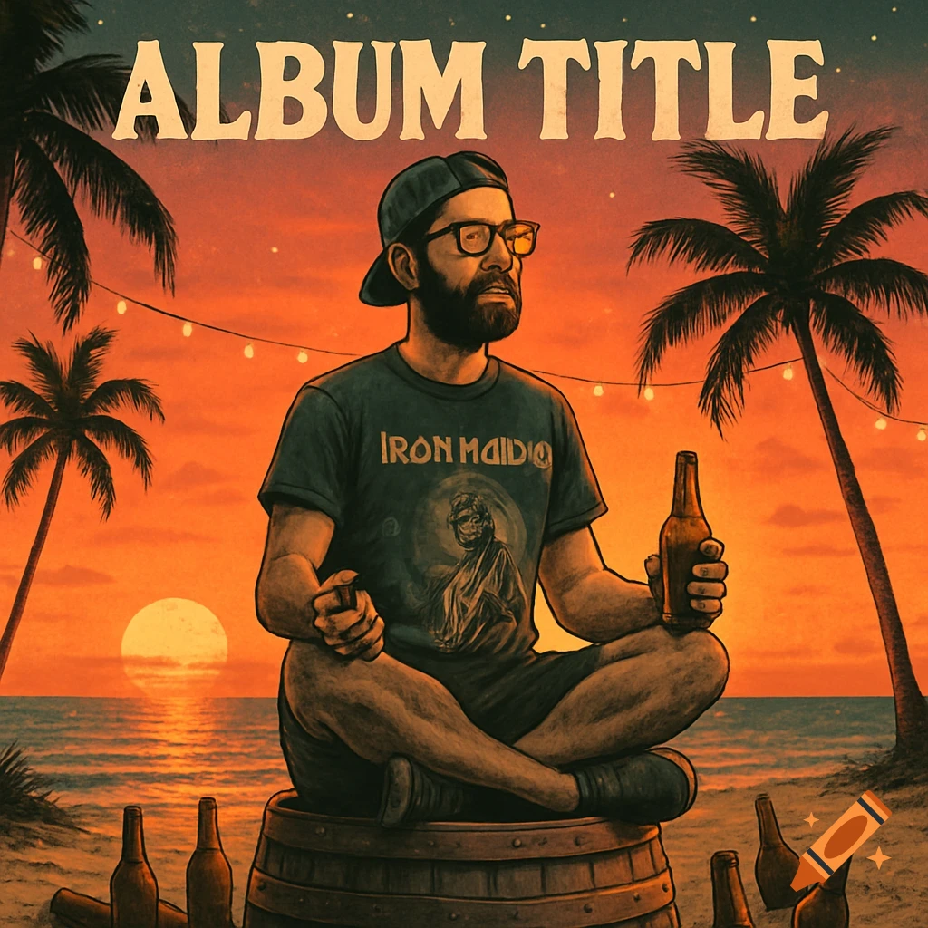 Illustrated album cover of a bearded man with glasses and a cap, meditating on a barrel with a beer at sunset on a beach, empty bottles nearby.