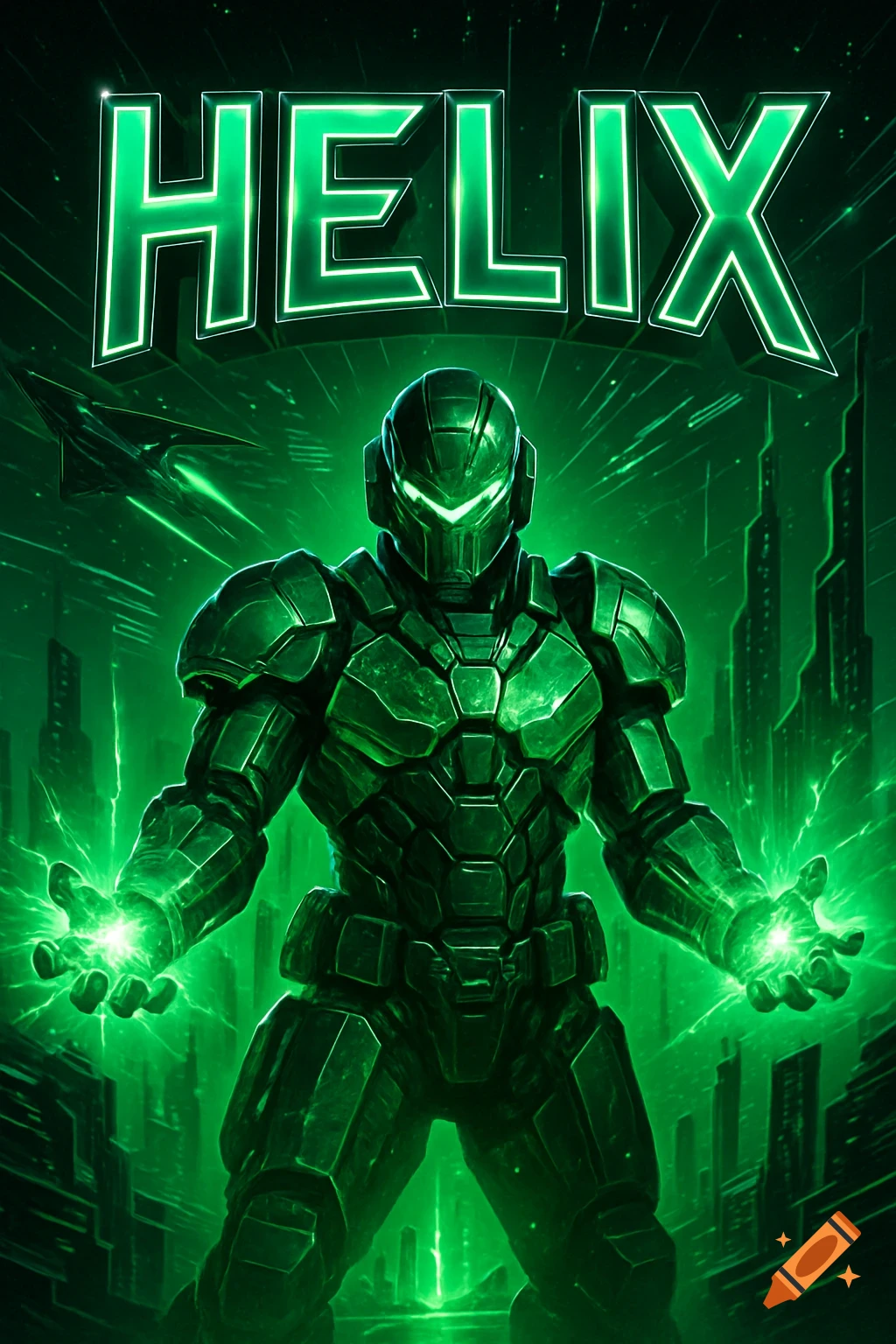 A dark green futuristic gaming poster with 'HELIX' title, featuring an armored character with glowing green hands and a sci-fi city background.