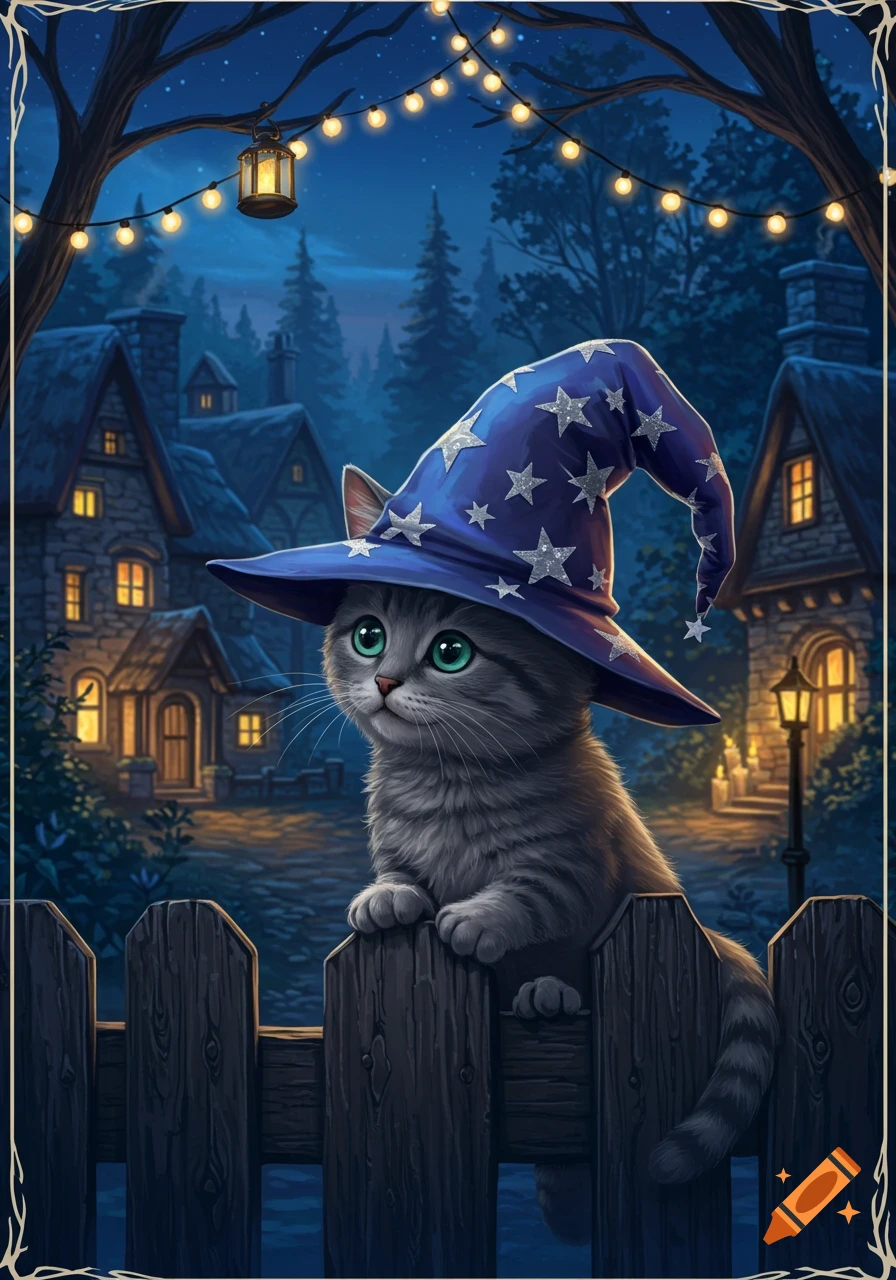 Illustration of a cute grey tabby cat with green eyes wearing a blue wizard hat with silver stars, peeking over a fence in a night village.