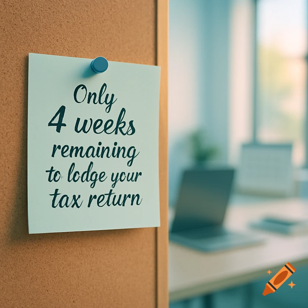 A close-up of a white note pinned to a cork board, reading 'Only 4 weeks remaining to lodge your tax return,' with a blurred office background.
