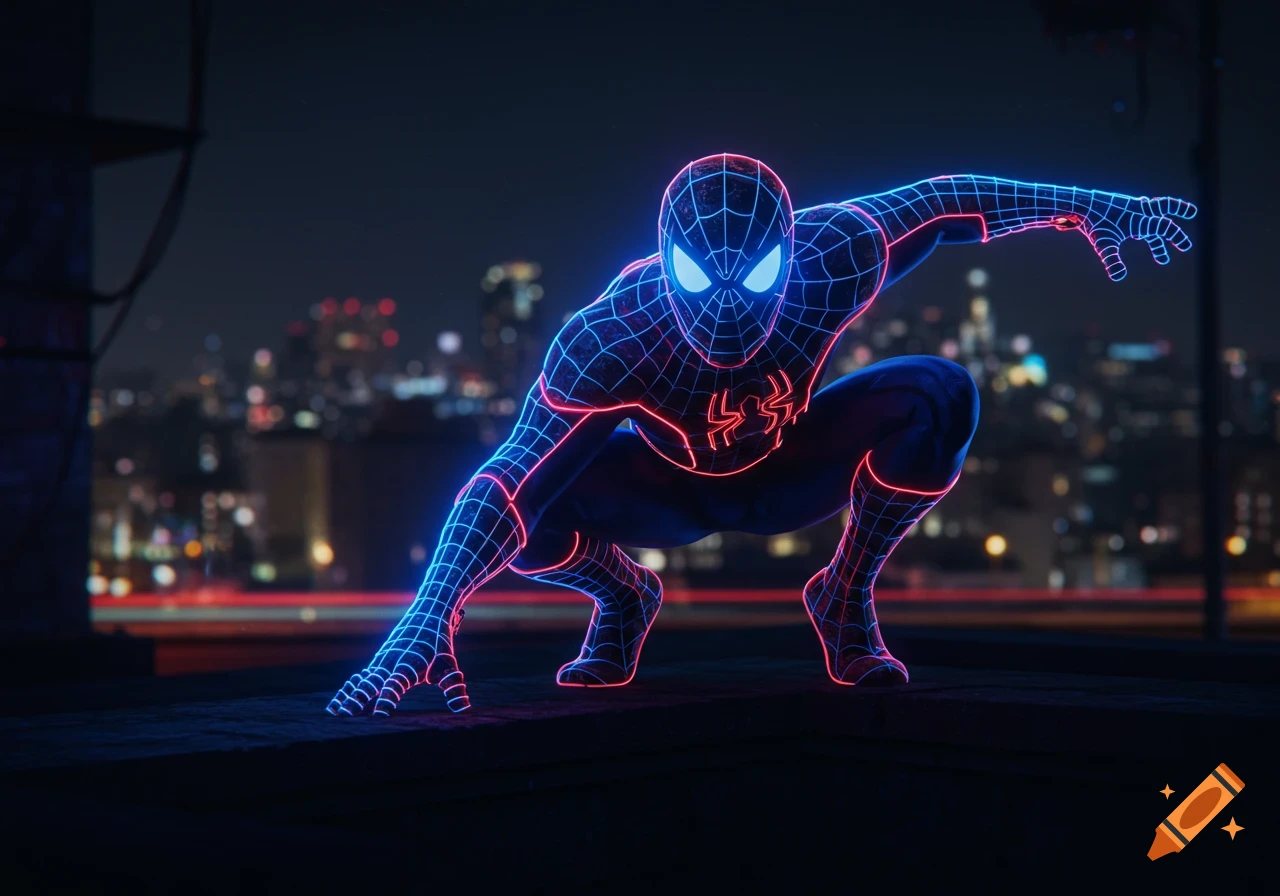 Spider-Man in a black suit with glowing neon blue and red outlines crouches on a dark rooftop overlooking a blurry city skyline at night.
