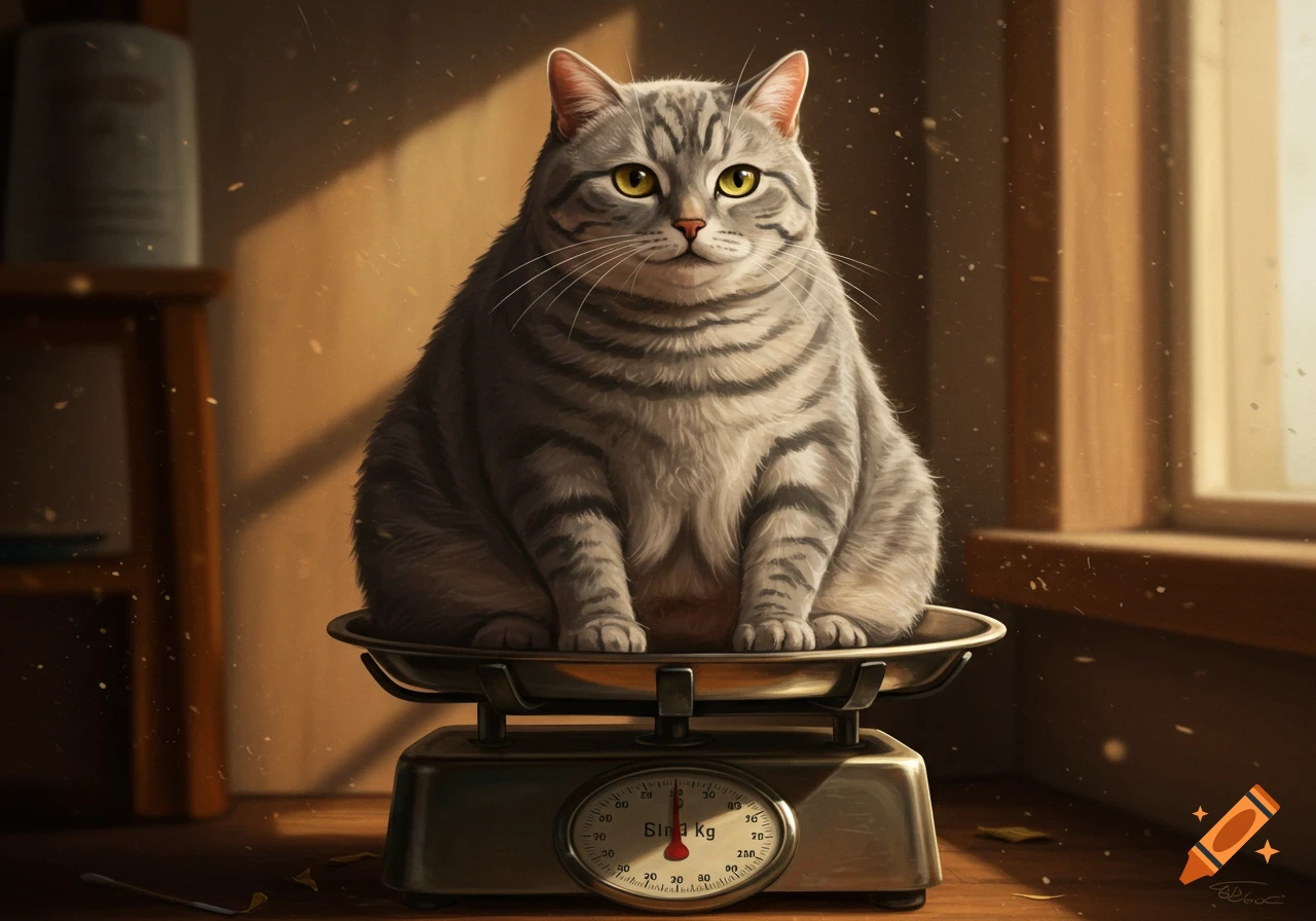 An obese grey tabby cat with green eyes sits on a silver kitchen scale in a sunlit room, photorealistic.