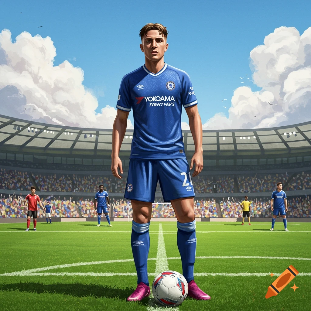 A male football player in a blue kit stands on a grassy field in a stadium, with a soccer ball at his feet.