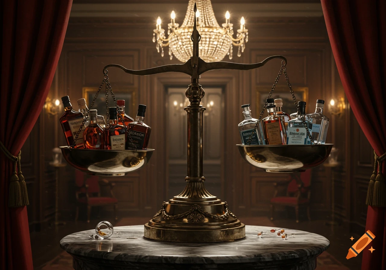 A grand brass scale balances liquor bottles in a luxurious, dimly lit room with red curtains and a chandelier.