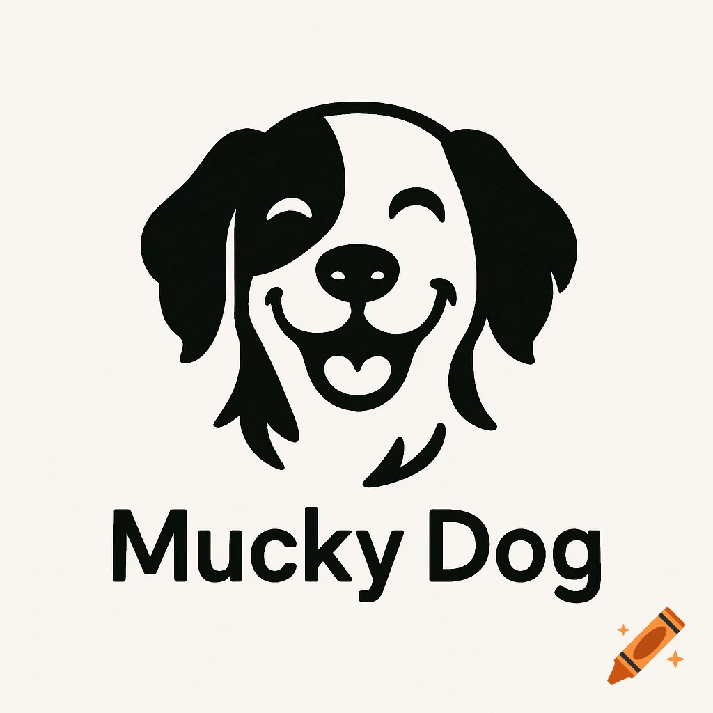 Black and white logo of a smiling dog's face with the text 'Mucky Dog' below it.