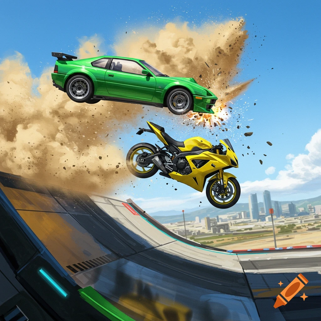 A green car and a yellow sport bike jump over a ramp, colliding mid-air with an explosion of dust and debris, against a city skyline.