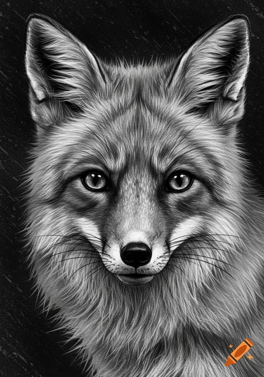 Close-up black and white charcoal drawing of a fox's face, looking directly at the viewer.