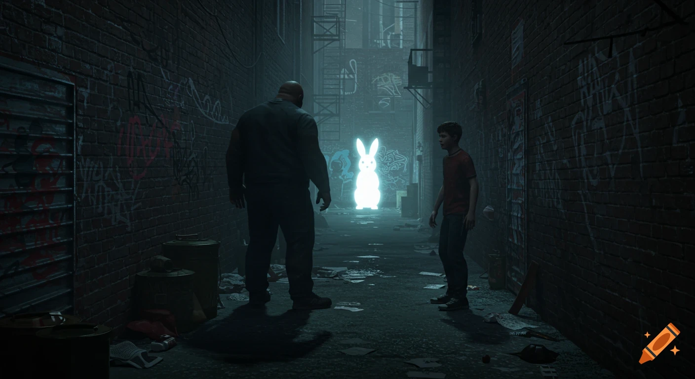 A large man and a nervous teen in a dark, cluttered city alley, with a glowing white rabbit watching. Cinematic digital art.