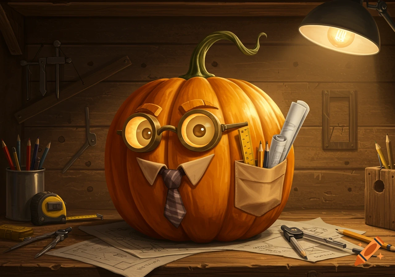 A friendly, cartoonish pumpkin wears glasses, a tie, and a pocket protector while sitting at a desk with blueprints and engineer's tools under a warm lamp light.