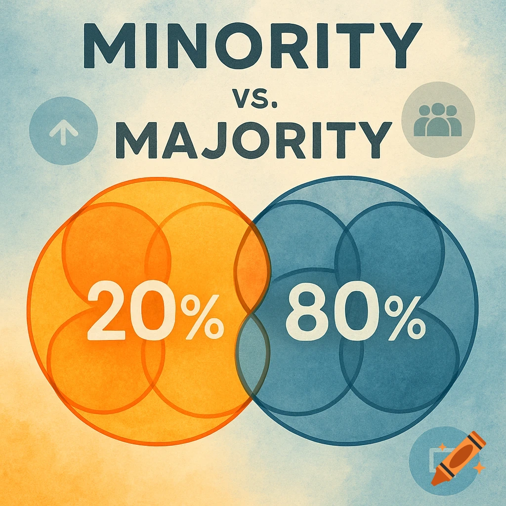 Infographic showing "MINORITY VS. MAJORITY" with an orange 20% circle overlapping a blue 80% circle, against a textured background.