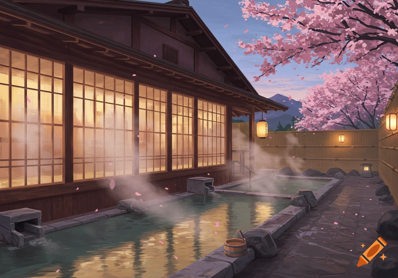 A tranquil anime-style outdoor Japanese hot spring (onsen) with steaming baths, a traditional building, and cherry blossoms at dusk.