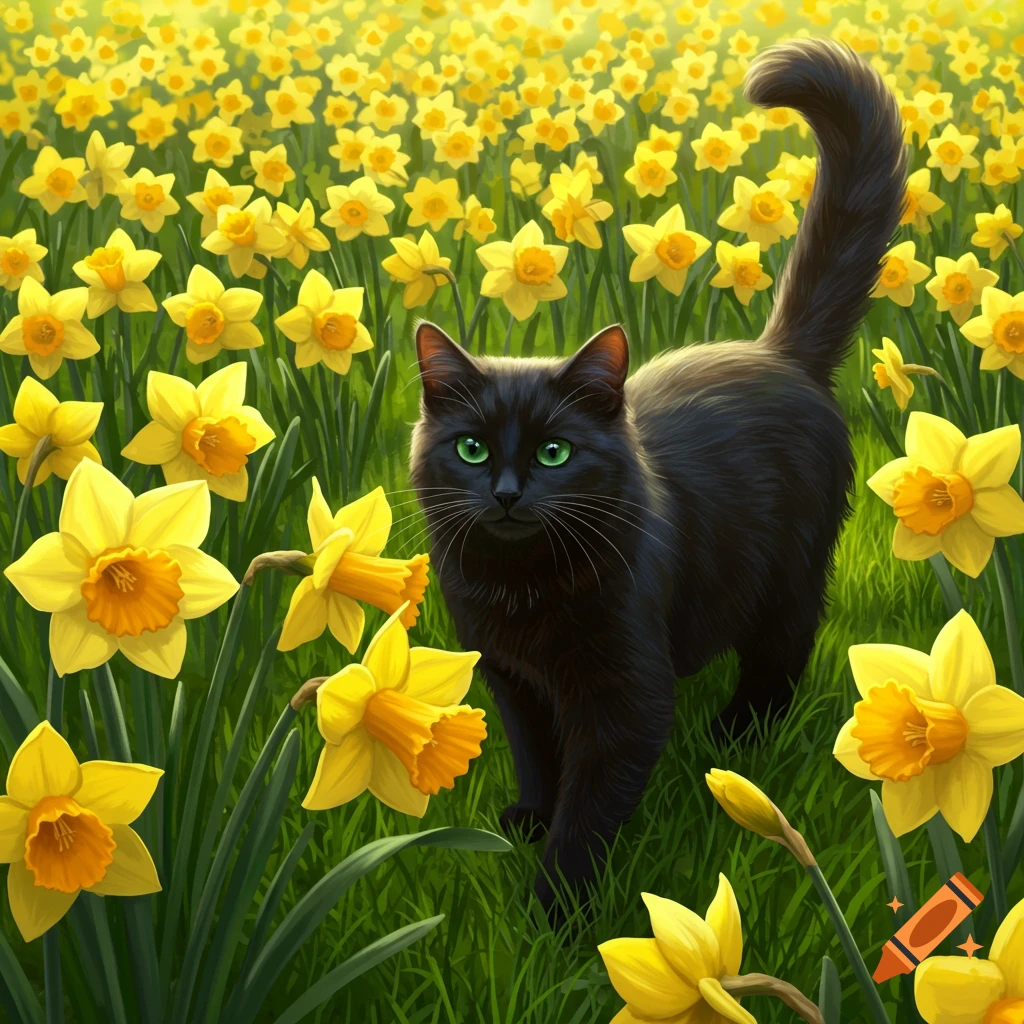 A fluffy black cat with bright green eyes walks through a vibrant field of yellow daffodils.