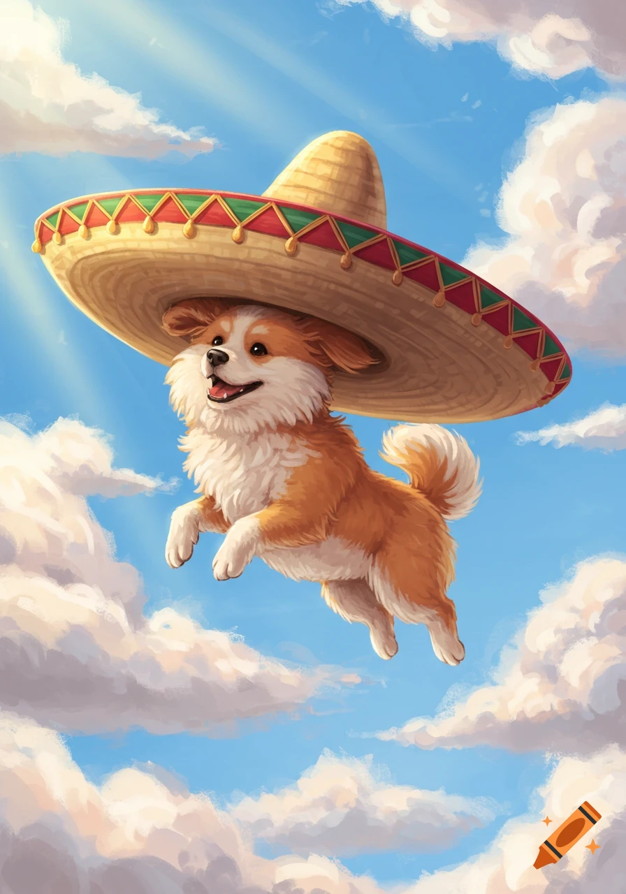 A cute, fluffy brown and white dog wearing a large sombrero flies happily through a blue sky with white clouds, illustrated in a cheerful cartoon style.