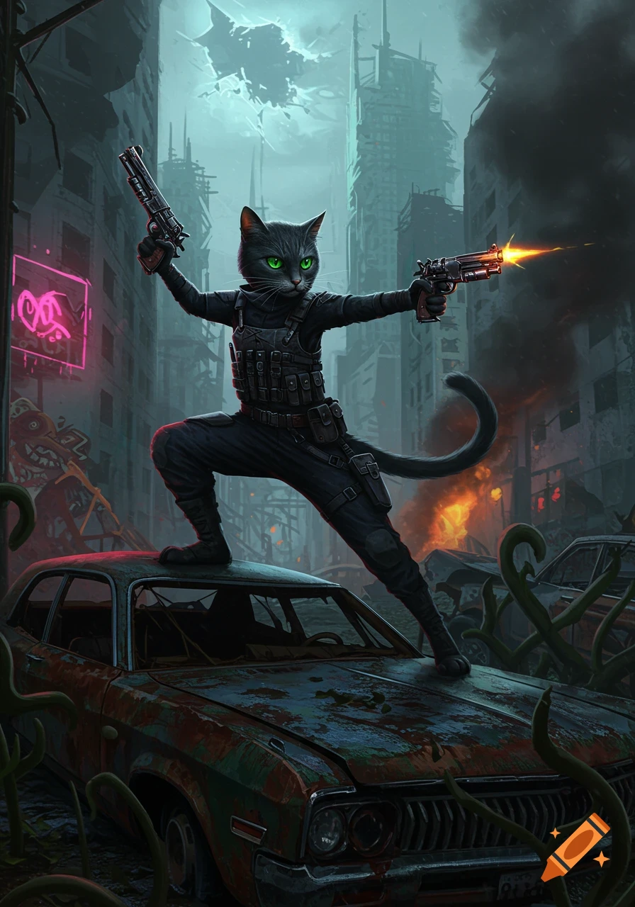 An anthropomorphic black cat in tactical gear stands on a rusty car, holding two pistols in a ruined, futuristic city.