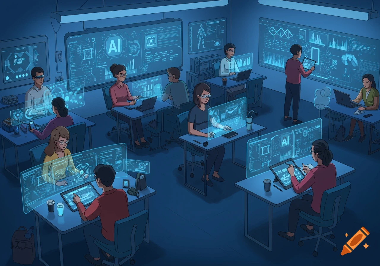 An illustration of people in a futuristic classroom, working on AI technology with glowing blue holographic screens.