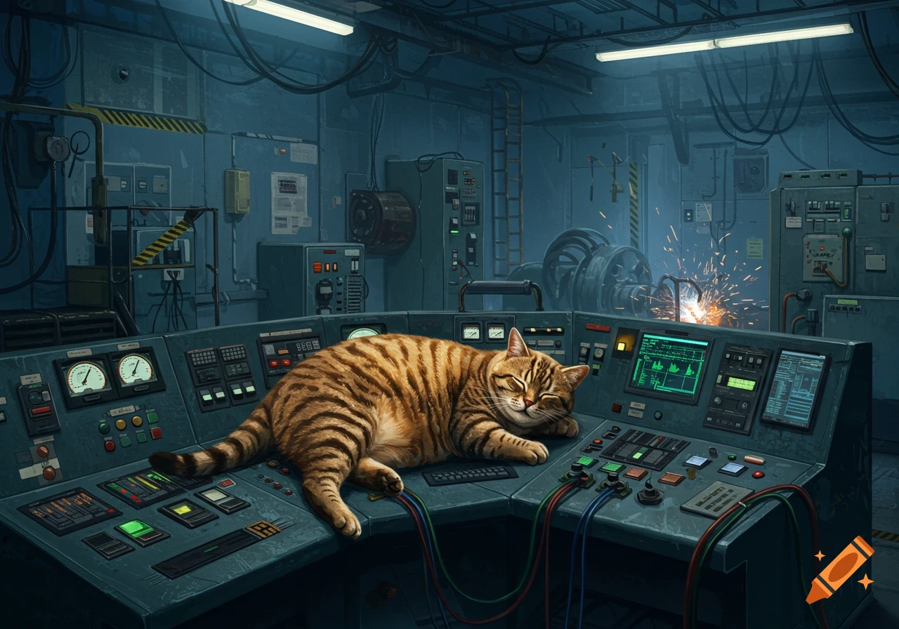 A content, striped tabby cat sleeps peacefully on a high-tech control panel in a dark, industrial power station setting, sparks visible in the background.