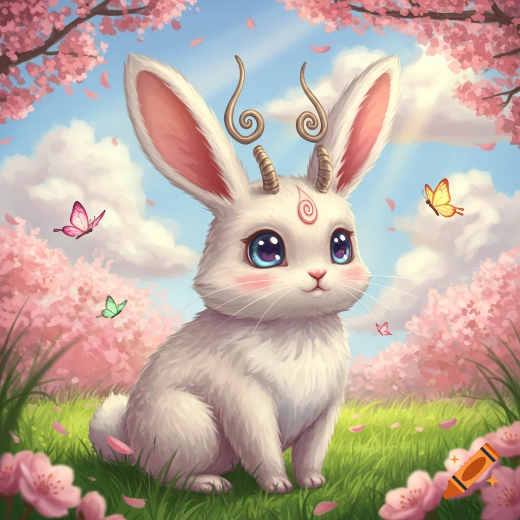 A cute white rabbit with horns sits in a field of pink cherry blossoms, with butterflies flying around, in a digital art style.