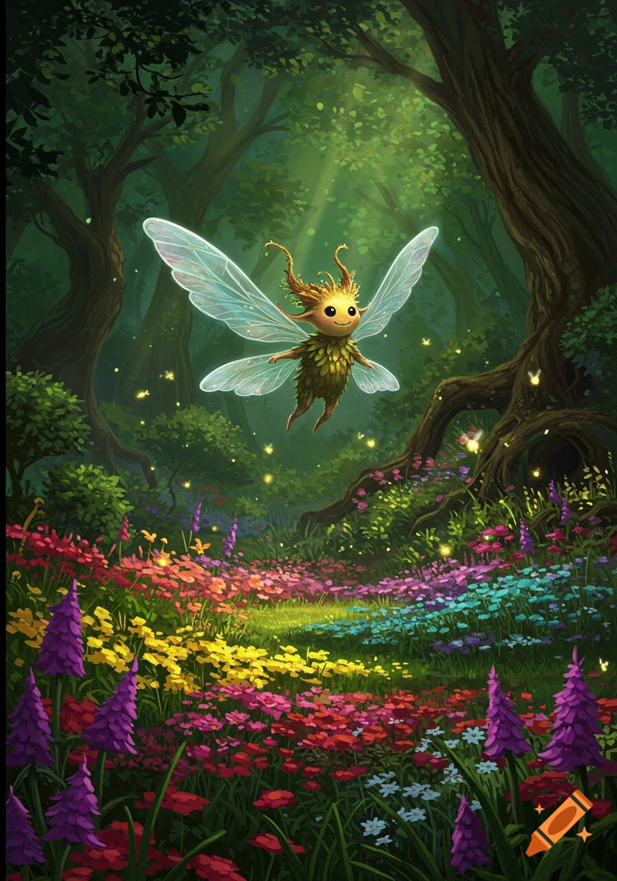 A cute, leaf-covered fairy with translucent wings flies above a vibrant field of colorful wildflowers in a magical, sunlit forest.