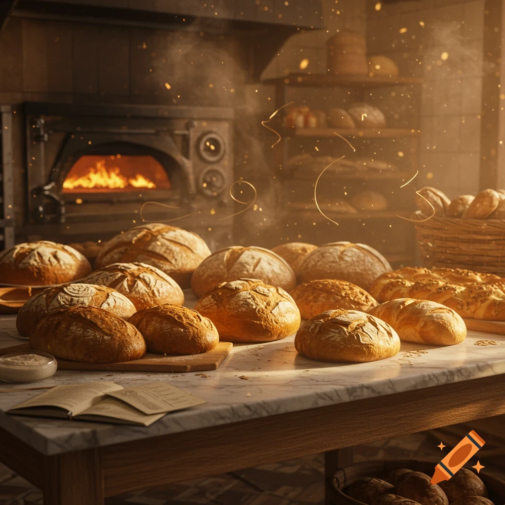 A warm, sunlit bakery scene with numerous freshly baked bread loaves on a marble counter and a glowing wood-fired oven in the background.